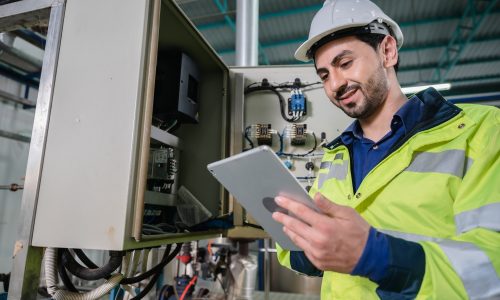 professional technician engineer working to control electrical power and safety service